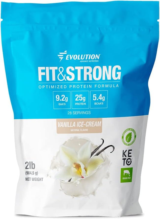 Evolution Advance Sport Nutrition Fit & Strong Whey Protein Powder - Grass-Fed BCAA Blend for Muscle Recovery, 2lbs Vanilla Flavor