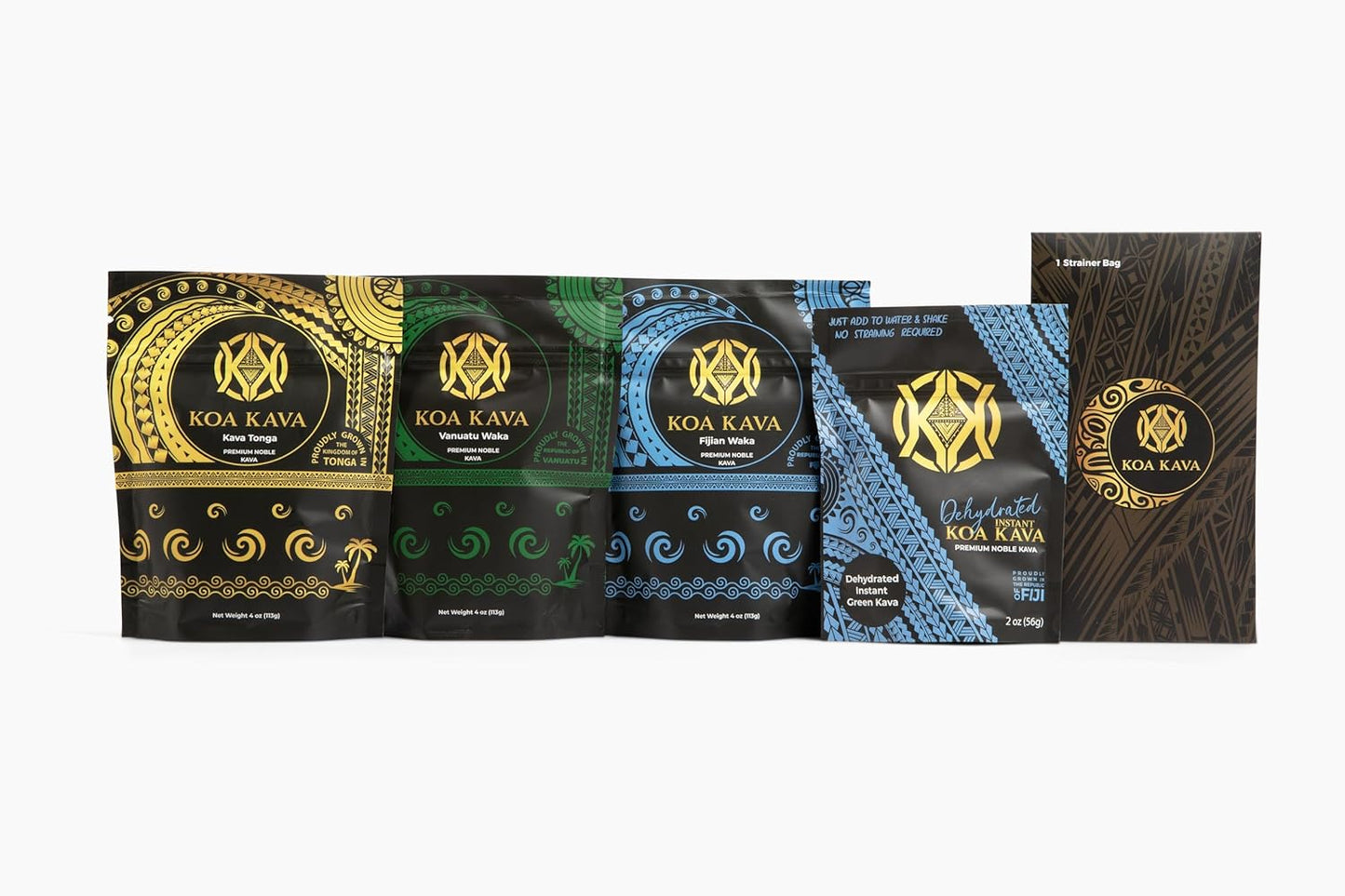 Explore Koa Kava Premium Sample Pack with 2 oz Instant Kava Powder + 4 oz Bags of Tongan, Fijian, and Vanuatu Waka Medium Grind. Find Your Perfect Relaxation Blend!