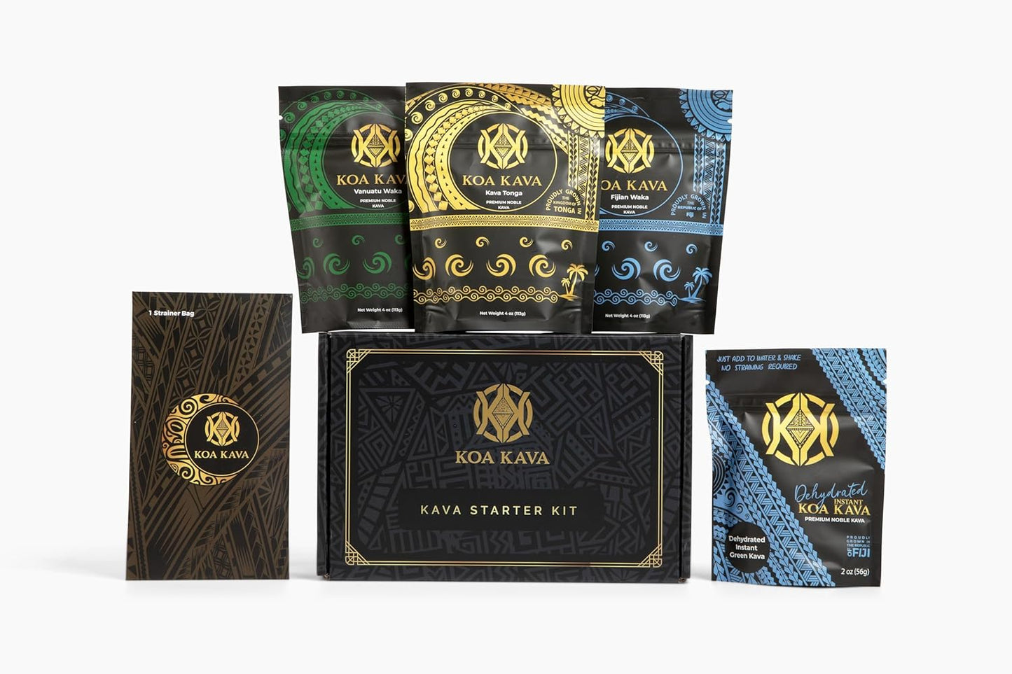 Explore Koa Kava Premium Sample Pack with 2 oz Instant Kava Powder + 4 oz Bags of Tongan, Fijian, and Vanuatu Waka Medium Grind. Find Your Perfect Relaxation Blend!