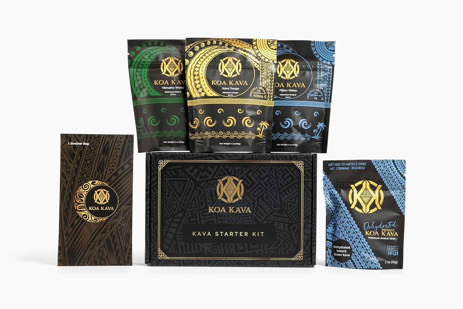 Explore Koa Kava Premium Sample Pack with 2 oz Instant Kava Powder + 4 oz Bags of Tongan, Fijian, and Vanuatu Waka Medium Grind. Find Your Perfect Relaxation Blend!