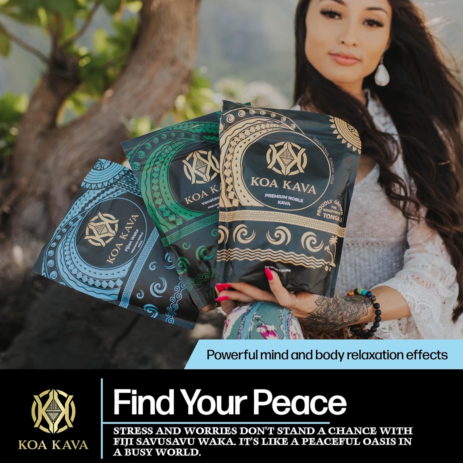 Explore Koa Kava Premium Sample Pack with 2 oz Instant Kava Powder + 4 oz Bags of Tongan, Fijian, and Vanuatu Waka Medium Grind. Find Your Perfect Relaxation Blend!