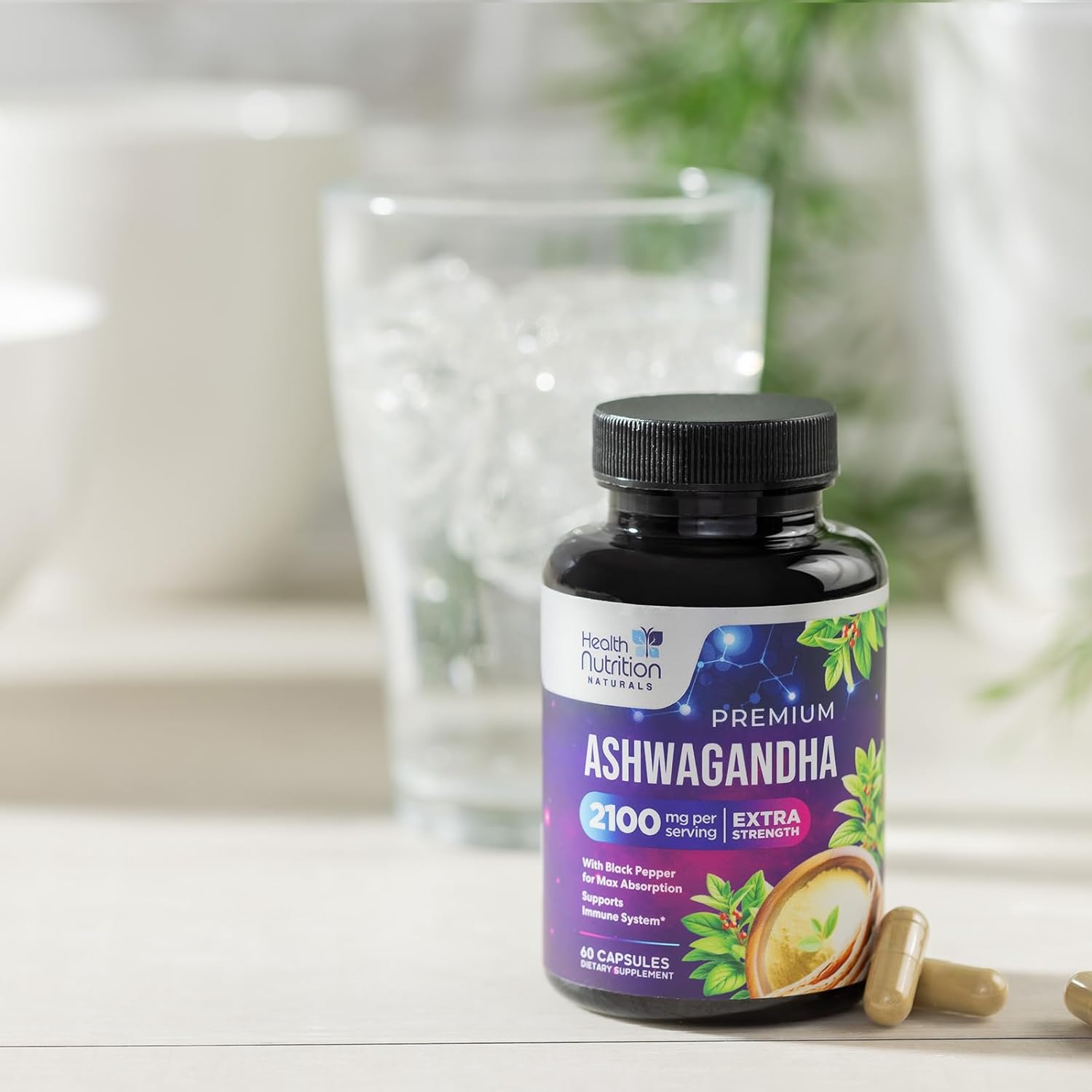 Extra Strength Ashwagandha 2,100 mg Capsules with Black Pepper for Energy and Immune Support