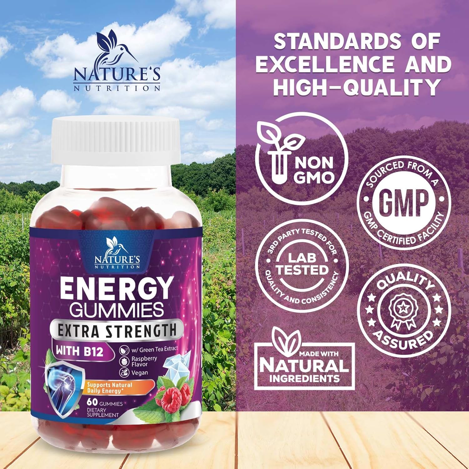 Extra Strength B12 Energy Gummies with Green Tea Caffeine Support - 1000 mcg Vitamins for Cycling & Running - 60 Berry Chews
