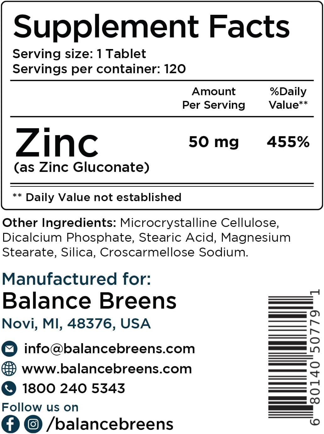 Extra Strength Balancebreens Zinc 50mg Tablets - Promotes Skin Health, Wound Healing & Immune Support - 120 Vegetarian Tabs, Ultra-Absorbable - BoostGo Australia