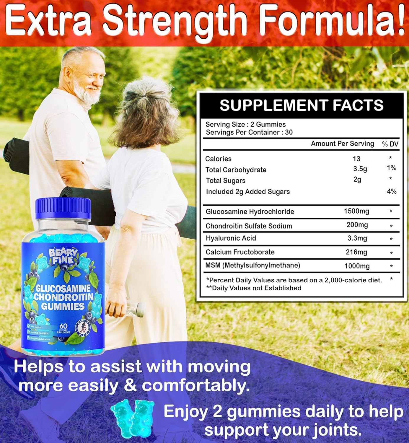 Extra Strength Beary Fine Glucosamine Chondroitin Gummies with MSM for Joint Support - 60 Supplements for Men & Women - Made in USA