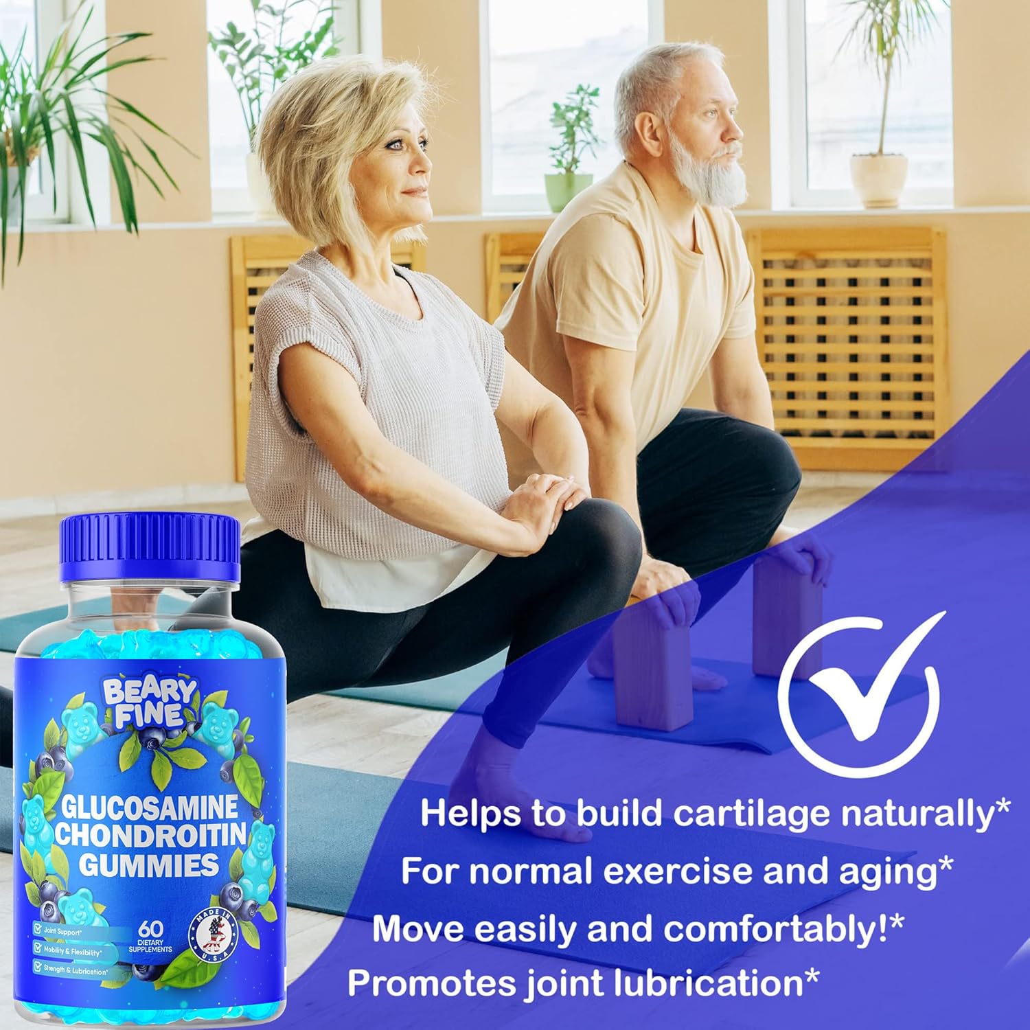 Extra Strength Beary Fine Glucosamine Chondroitin Gummies with MSM for Joint Support - 60 Supplements for Men & Women - Made in USA