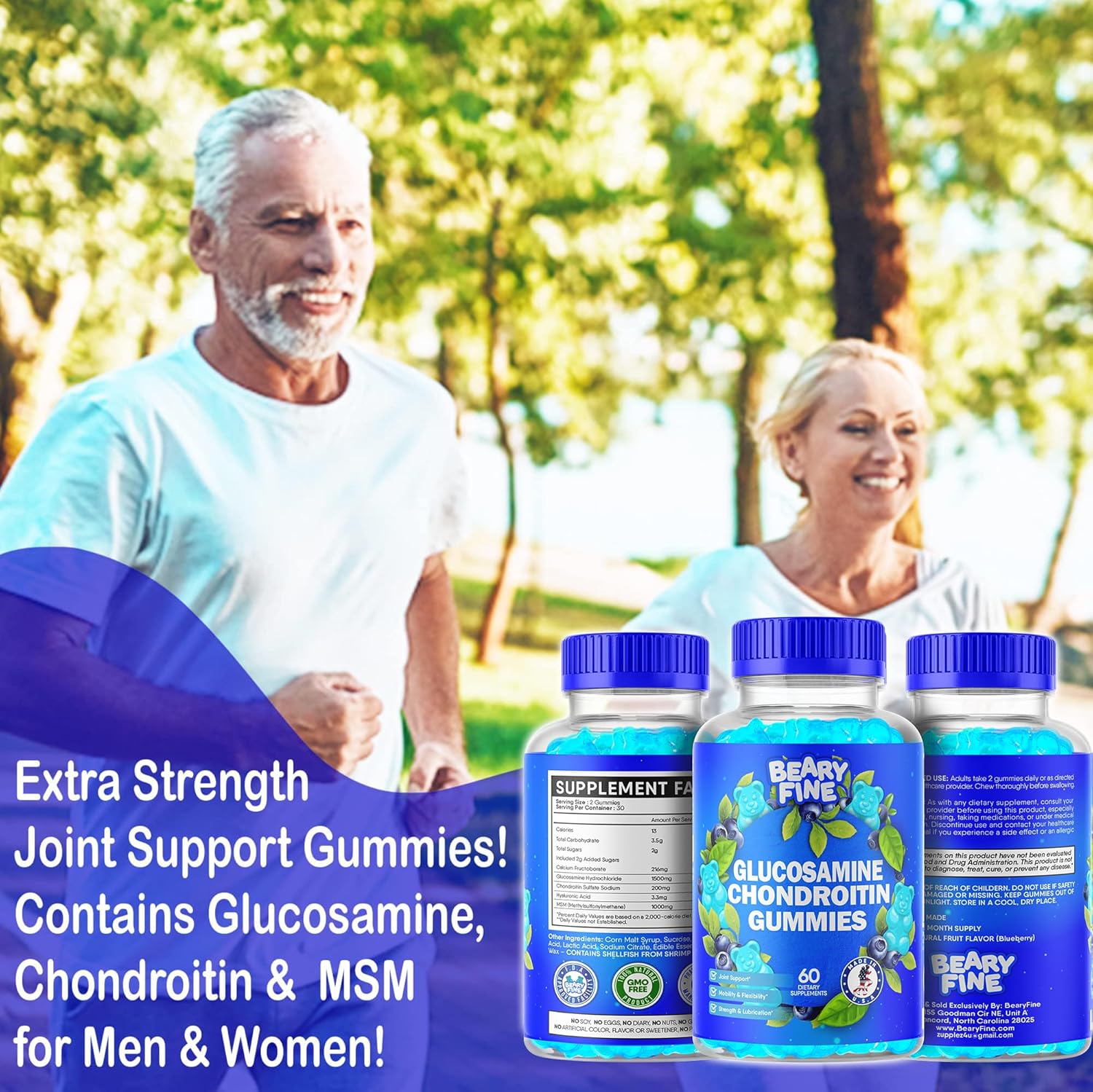 Extra Strength Beary Fine Glucosamine Chondroitin Gummies with MSM for Joint Support - 60 Supplements for Men & Women - Made in USA