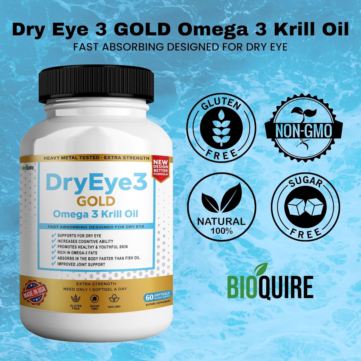 Extra Strength BIOQUIRE Dry Eye Support with Omega 3 Krill Oil - 60 Softgels - Non-GMO and Gluten Free