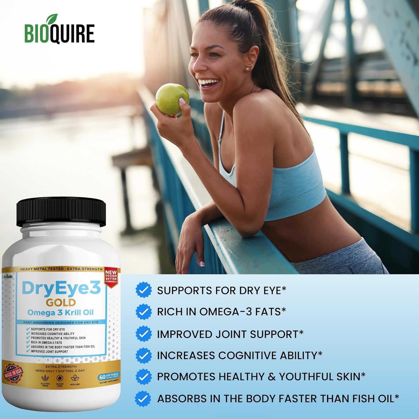 Extra Strength BIOQUIRE Dry Eye Support with Omega 3 Krill Oil - 60 Softgels - Non-GMO and Gluten Free
