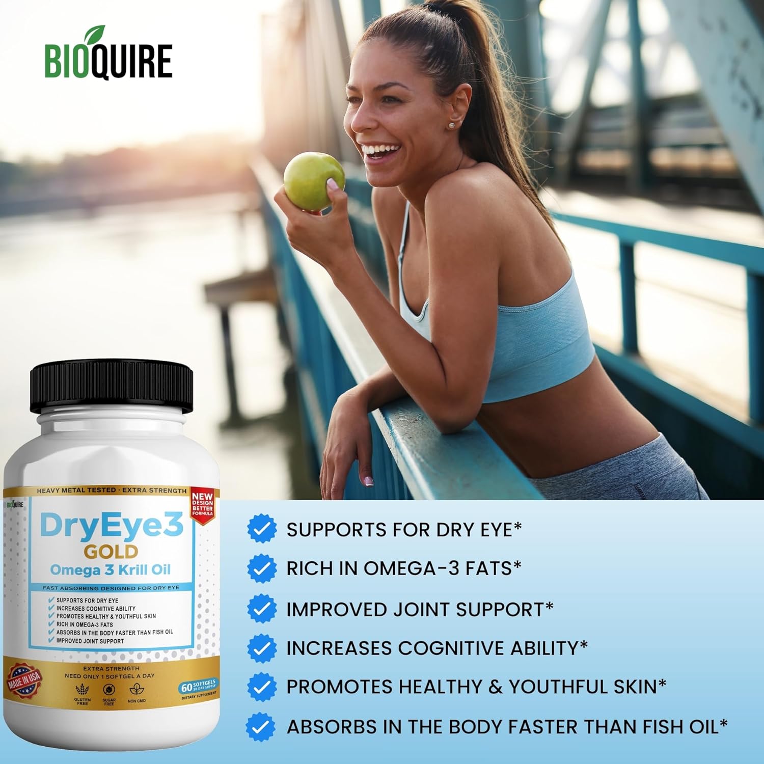 Extra Strength BIOQUIRE Dry Eye Support with Omega 3 Krill Oil - 60 Softgels - Non-GMO and Gluten Free
