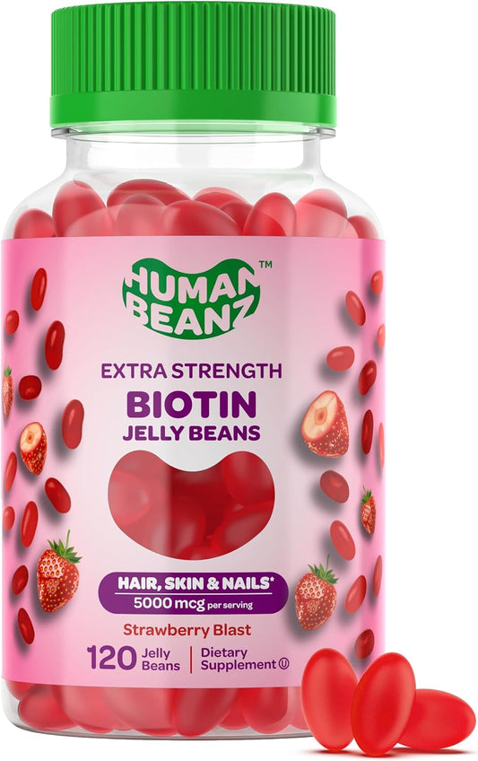 Extra Strength Biotin Gummy Vitamins for Hair, Skin, and Nails - 5000mcg - Hair Growth for Men and Women - 120 Strawberry Blast Jelly Beans