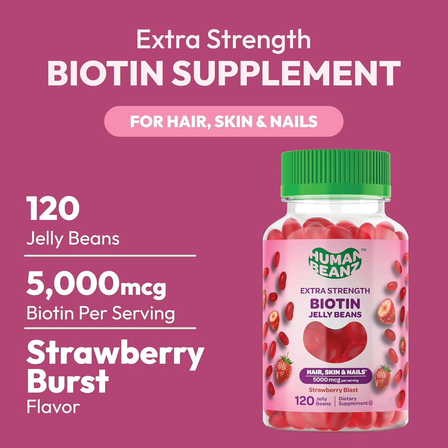 Extra Strength Biotin Gummy Vitamins for Hair, Skin, and Nails - 5000mcg - Hair Growth for Men and Women - 120 Strawberry Blast Jelly Beans