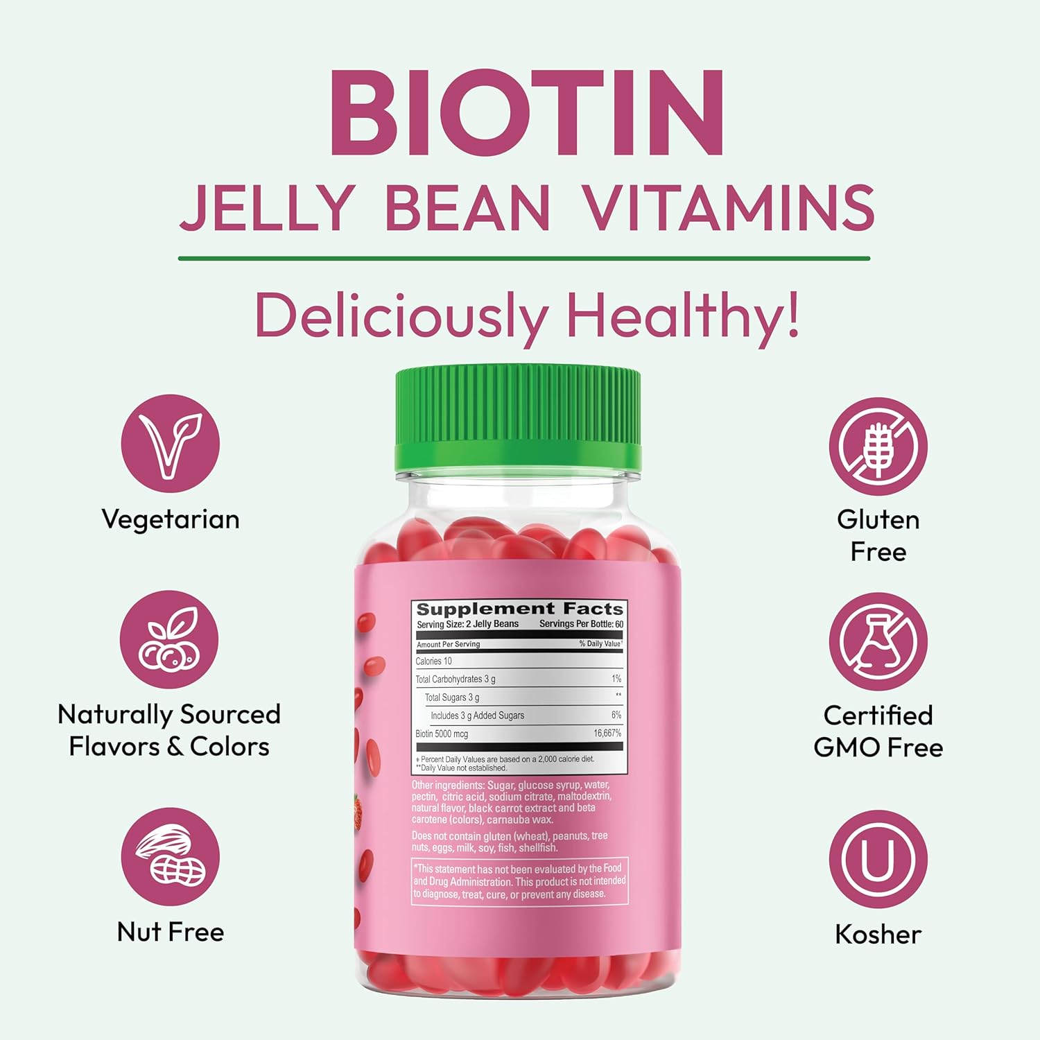 Extra Strength Biotin Gummy Vitamins for Hair, Skin, and Nails - 5000mcg - Hair Growth for Men and Women - 120 Strawberry Blast Jelly Beans