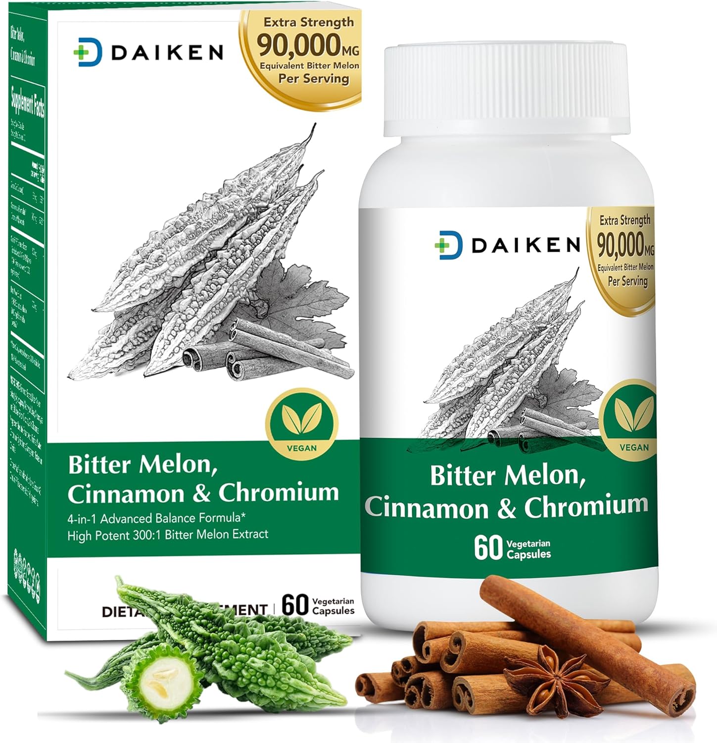 Extra Strength Bitter Melon Capsules with Cinnamon, Chromium, and Zinc - 60 Capsules, 90,000 mg Bitter Melon Equivalent - 100% Vegetarian
