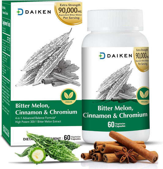 Extra Strength Bitter Melon Capsules with Cinnamon, Chromium, and Zinc - 60 Capsules, 90,000 mg Bitter Melon Equivalent - 100% Vegetarian