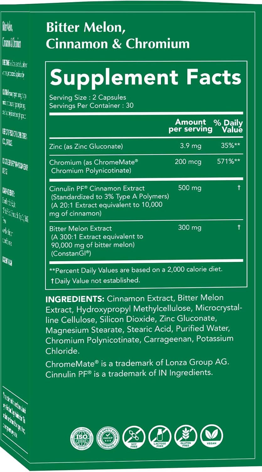 Extra Strength Bitter Melon Capsules with Cinnamon, Chromium & Zinc - 90,000 mg Per Serving - 100% Vegetarian - 2 Pack of 60 Capsules
