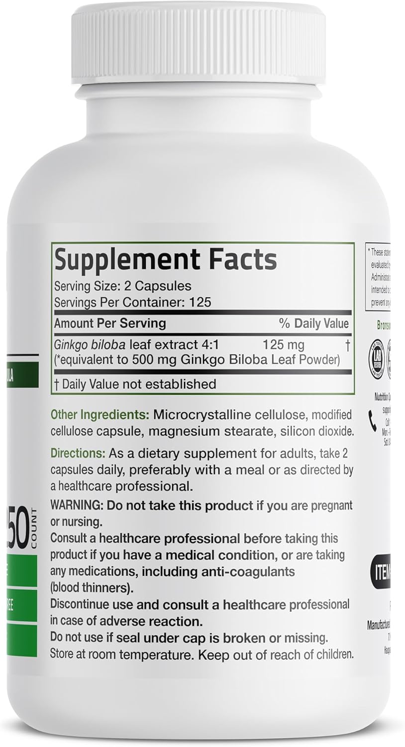 Extra Strength Bronson Ginkgo Biloba Capsules for Brain Function & Memory Support - 250 Vegetarian Capsules