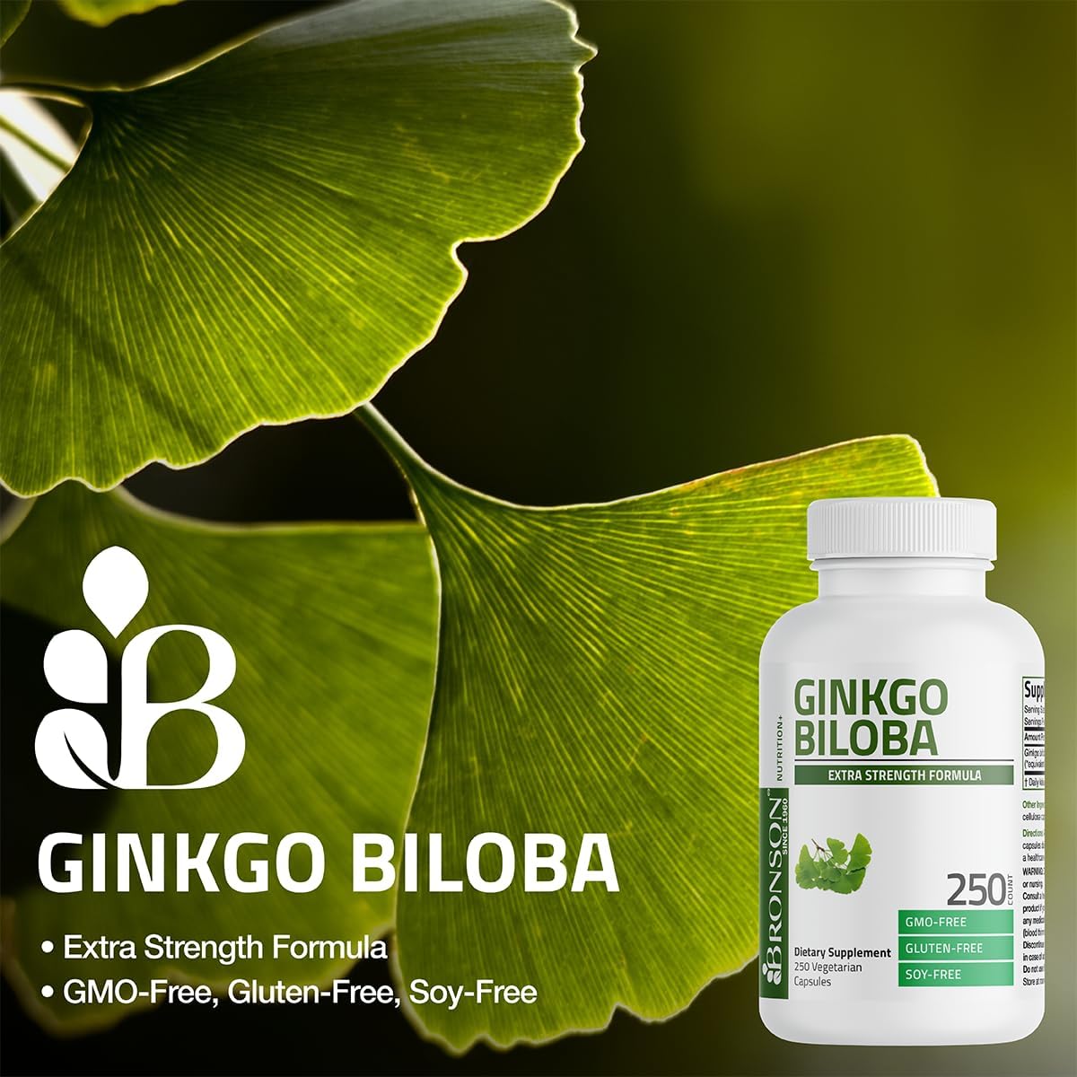 Extra Strength Bronson Ginkgo Biloba Capsules for Brain Function & Memory Support - 250 Vegetarian Capsules