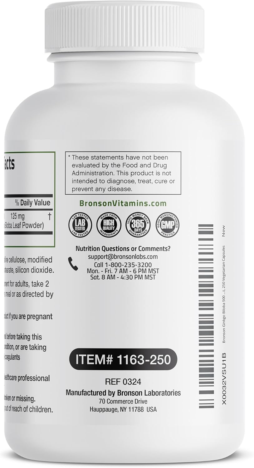 Extra Strength Bronson Ginkgo Biloba Capsules for Brain Function & Memory Support - 250 Vegetarian Capsules