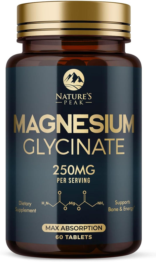 Extra Strength Chelated Magnesium Glycinate Supplement for Bone, Muscle, and Heart Health - Non-GMO Nature's Peak Magnesium Pills for Men & Women - 60 Tablets - BoostGo Australia