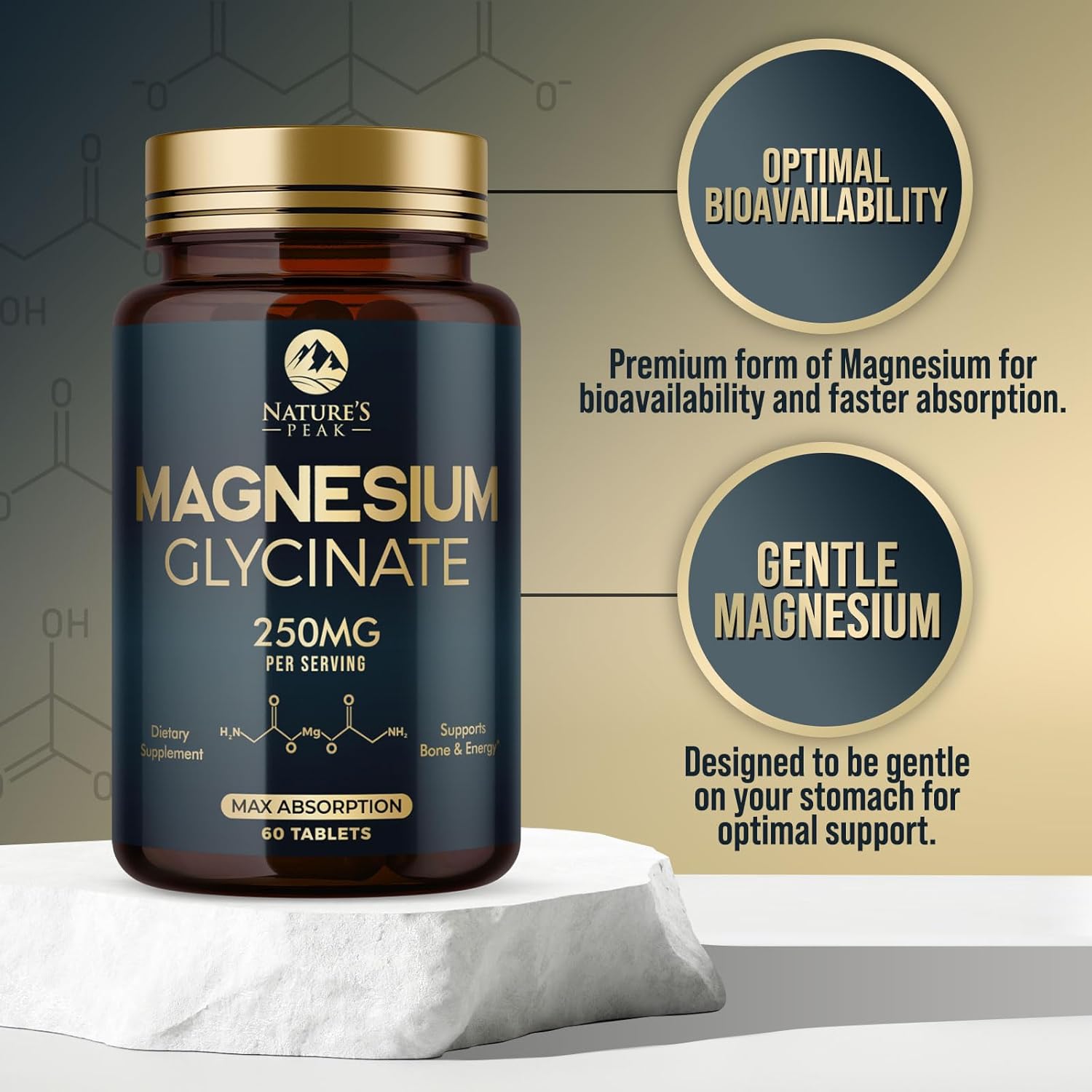 Extra Strength Chelated Magnesium Glycinate Supplement for Bone, Muscle, and Heart Health - Non-GMO Nature's Peak Magnesium Pills for Men & Women - 60 Tablets - BoostGo Australia