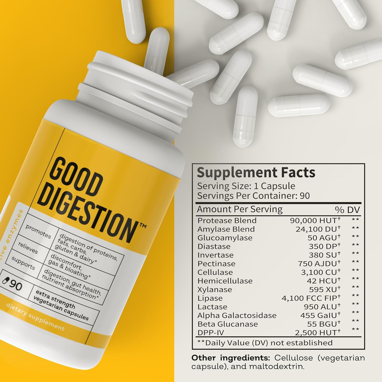 Extra Strength Digestive Enzymes for Fast Bloating & Gas Relief - All-in-One Formula for Carbs, Fat, Protein, Gluten, Dairy - Supports Gut Health - 90 Capsules