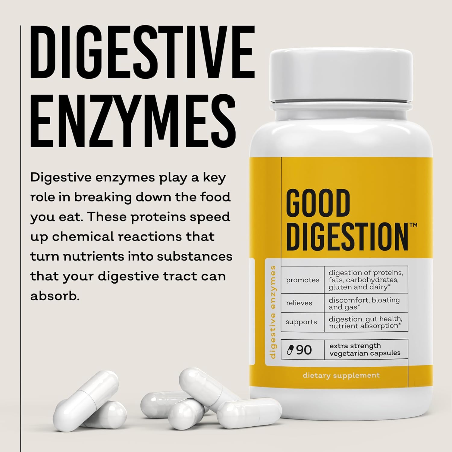 Extra Strength Digestive Enzymes for Fast Bloating & Gas Relief - All-in-One Formula for Carbs, Fat, Protein, Gluten, Dairy - Supports Gut Health - 90 Capsules