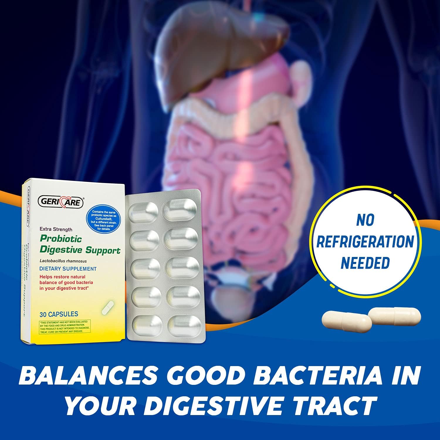 Extra Strength GeriCare Probiotic with 20 Billion CFU of Lactobacillus Rhamnosus R-11 for Digestive Support - 30 Capsules