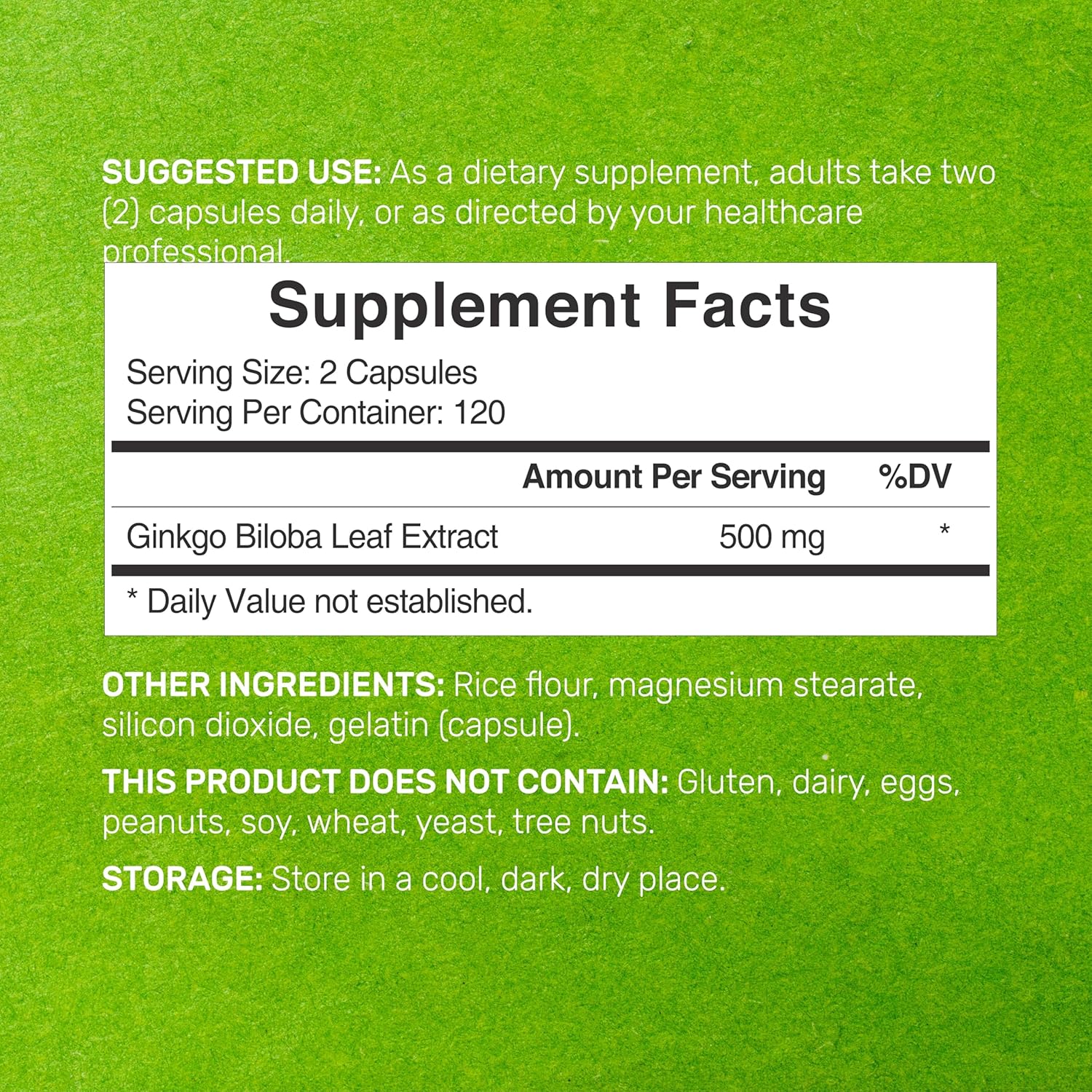 Extra Strength Ginkgo Biloba 500mg Capsules - 240 Count - 4 Month Supply - Promotes Brain Function - Premium Quality Supplement from Northern Asia