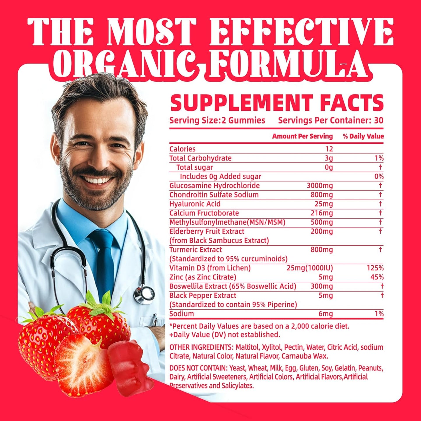 Extra Strength Glucosamine Chondroitin Gummies with MSM, Elderberry - Joint & Immune Support for Men & Women - 120 Strawberry Gummies