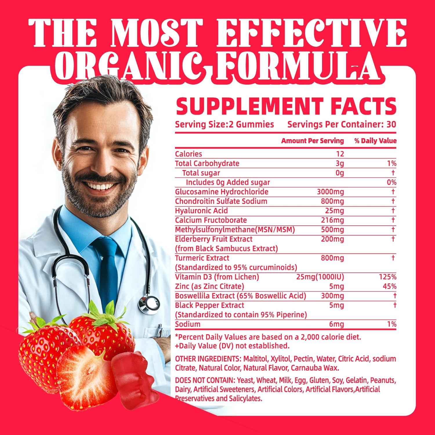 Extra Strength Glucosamine Chondroitin Gummies with MSM, Elderberry - Joint & Immune Support for Men & Women - 120 Strawberry Gummies