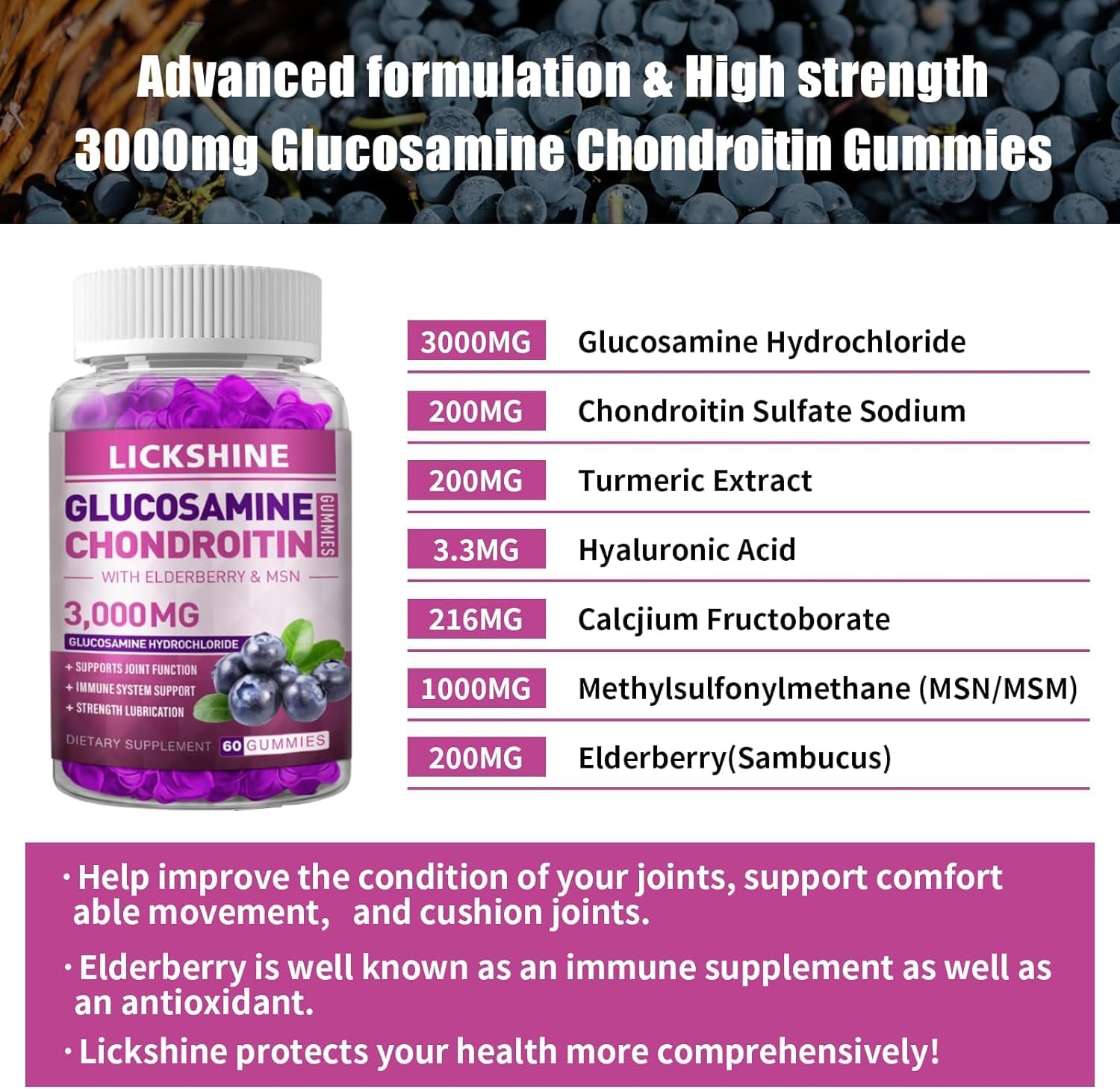 Extra Strength Glucosamine Chondroitin Gummies with MSM & Elderberry for Joint Health and Immune Support - Adult Men & Women Gummy Supplement