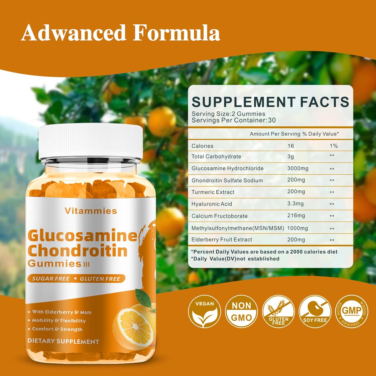 Extra Strength Glucosamine Chondroitin Gummies with MSM & Elderberry - Joint & Immune Support for Men & Women - 60 Orange Gummies