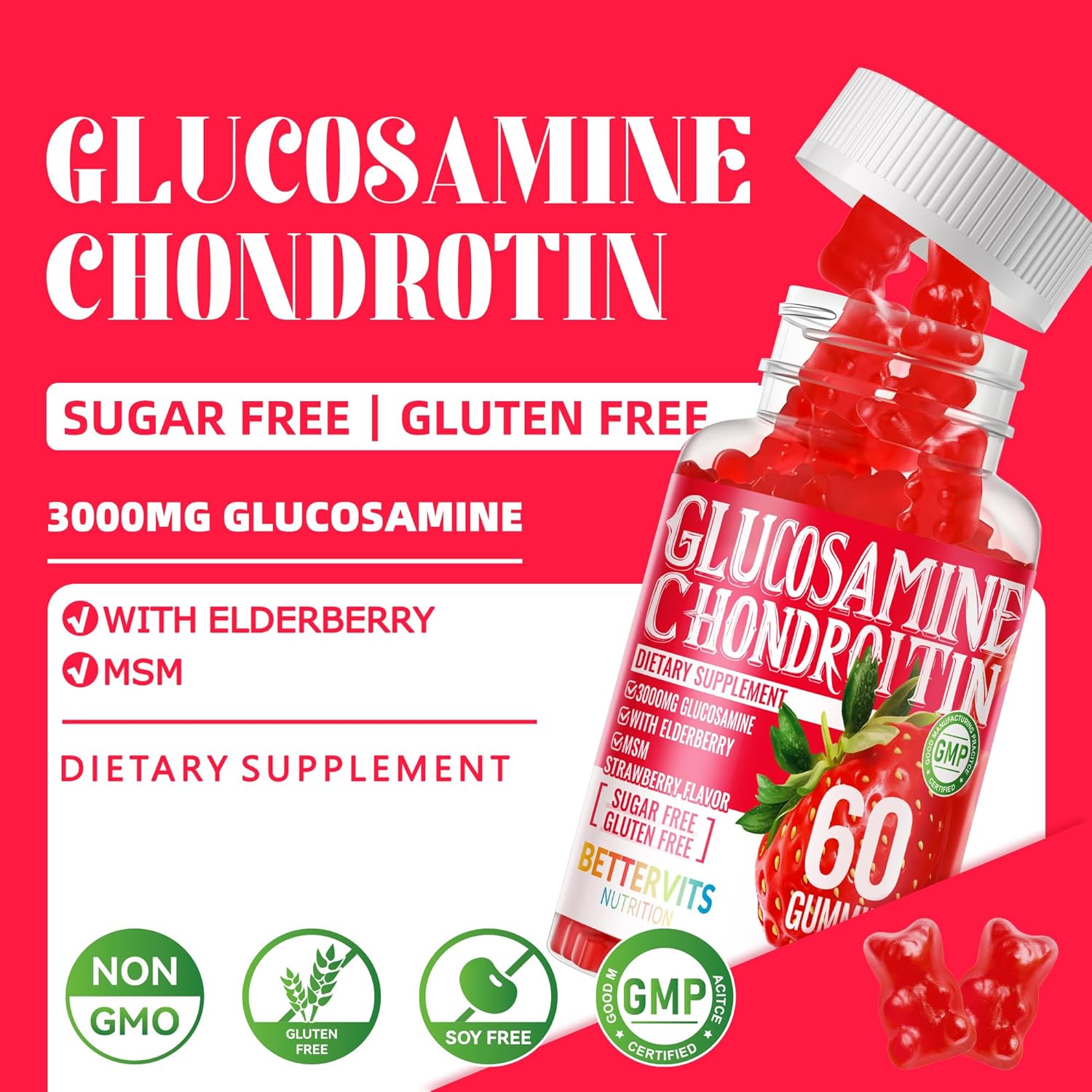 Extra Strength Glucosamine Chondroitin Gummies with MSM, Elderberry - Joint & Immune Support for Men & Women - 120 Strawberry Gummies