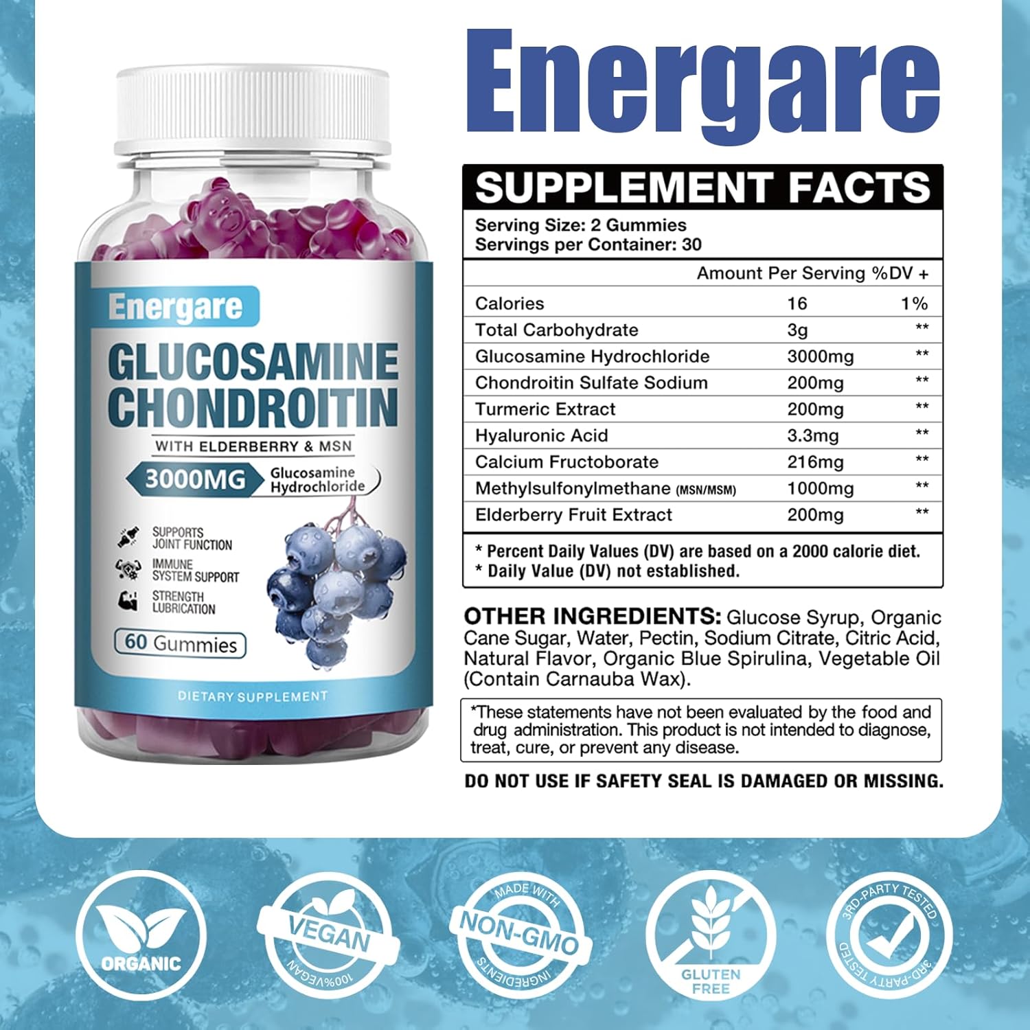 Extra Strength Glucosamine Chondroitin Gummies with Elderberry - Joint Support & Immune Boost - 60 Count