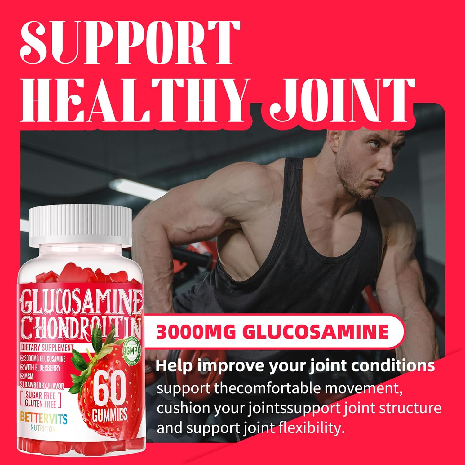 Extra Strength Glucosamine Chondroitin Gummies with MSM, Elderberry - Joint & Immune Support for Men & Women - 120 Strawberry Gummies