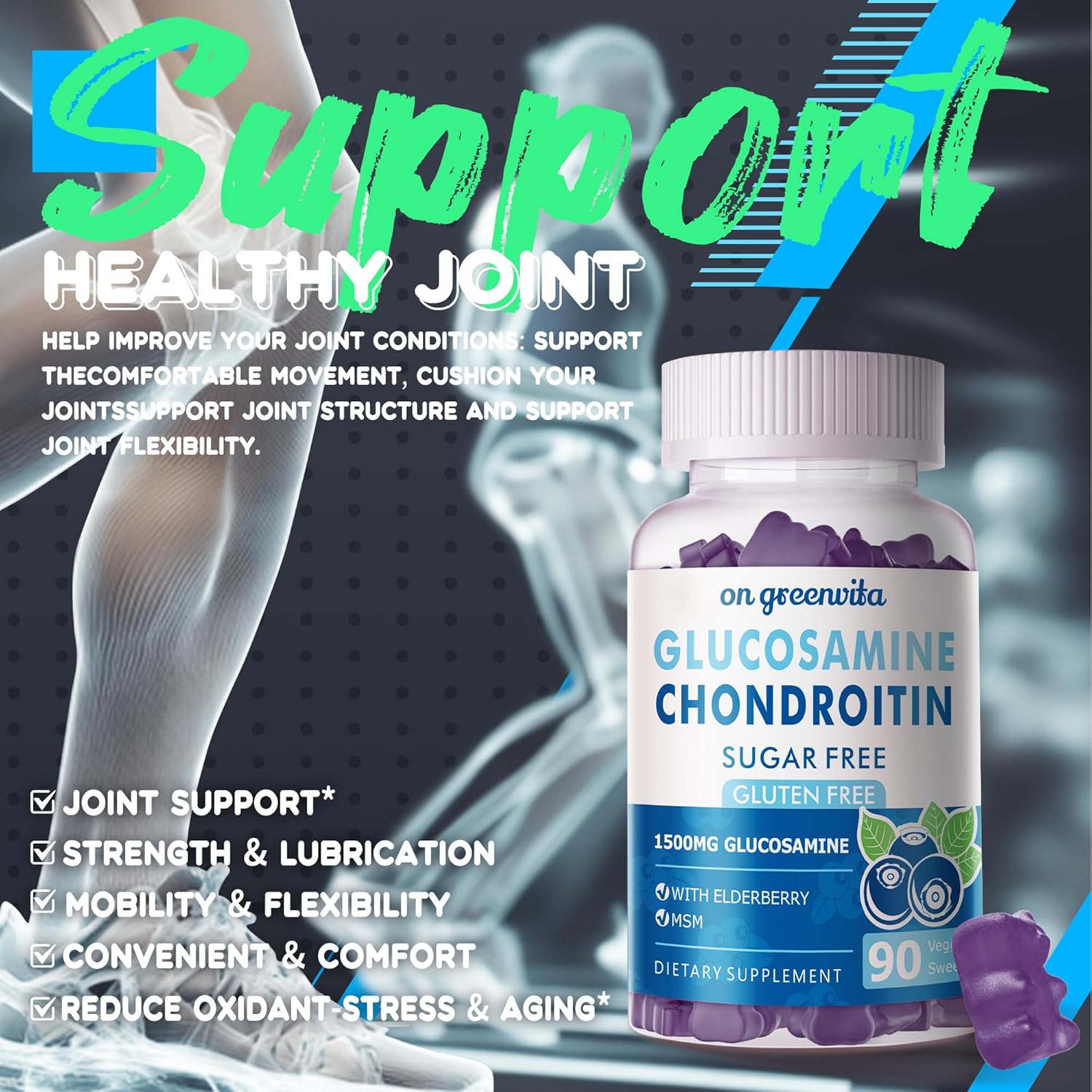 Extra Strength Glucosamine Chondroitin Gummies with MSM & Elderberry for Joint and Immune Support - Blueberry Gummies for Adults