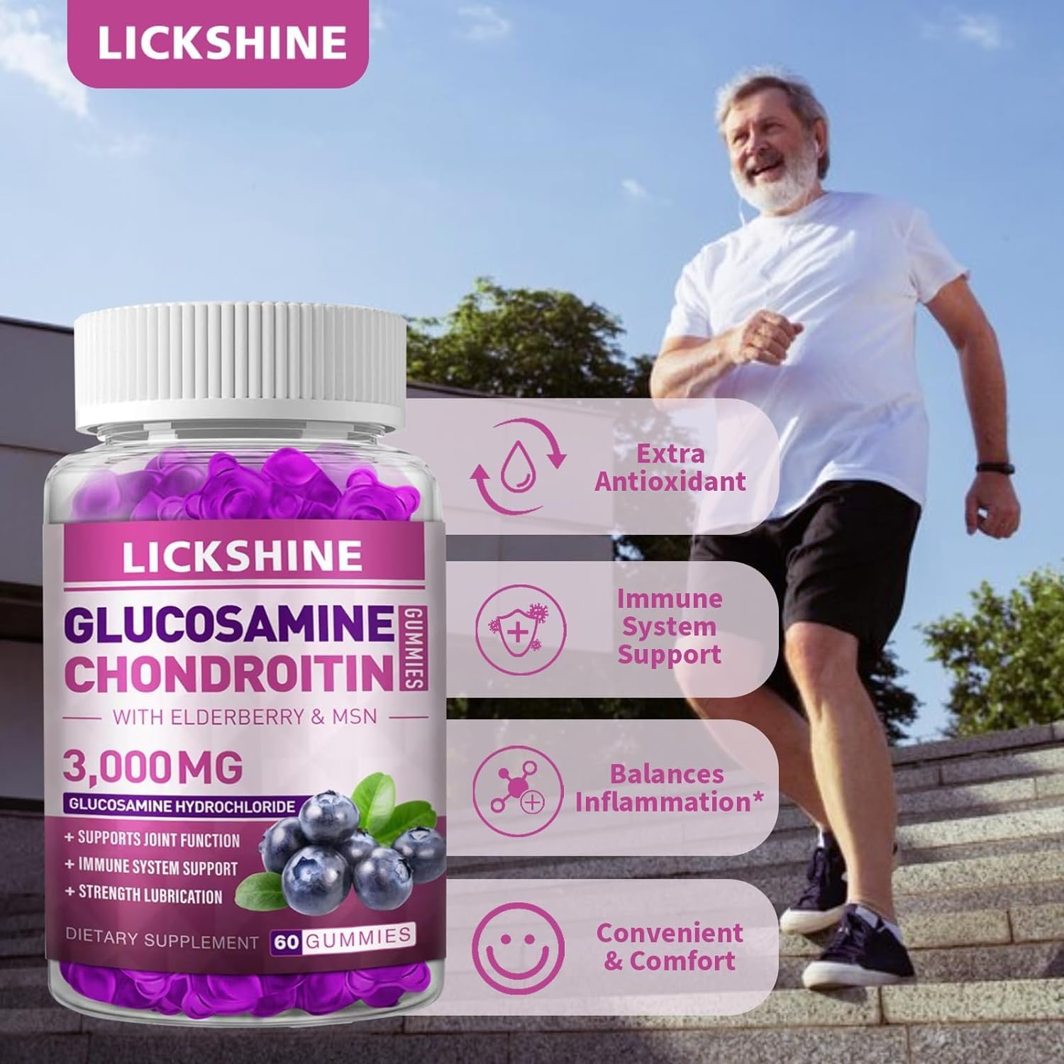 Extra Strength Glucosamine Chondroitin Gummies with MSM & Elderberry for Joint Health and Immune Support - Adult Men & Women Gummy Supplement
