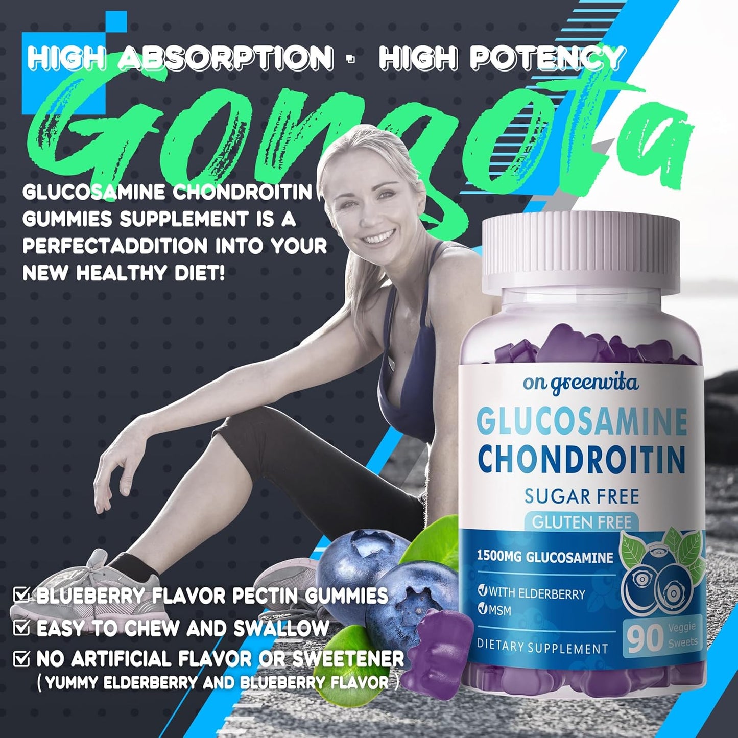 Extra Strength Glucosamine Chondroitin Gummies with MSM & Elderberry for Joint and Immune Support - Blueberry Gummies for Adults