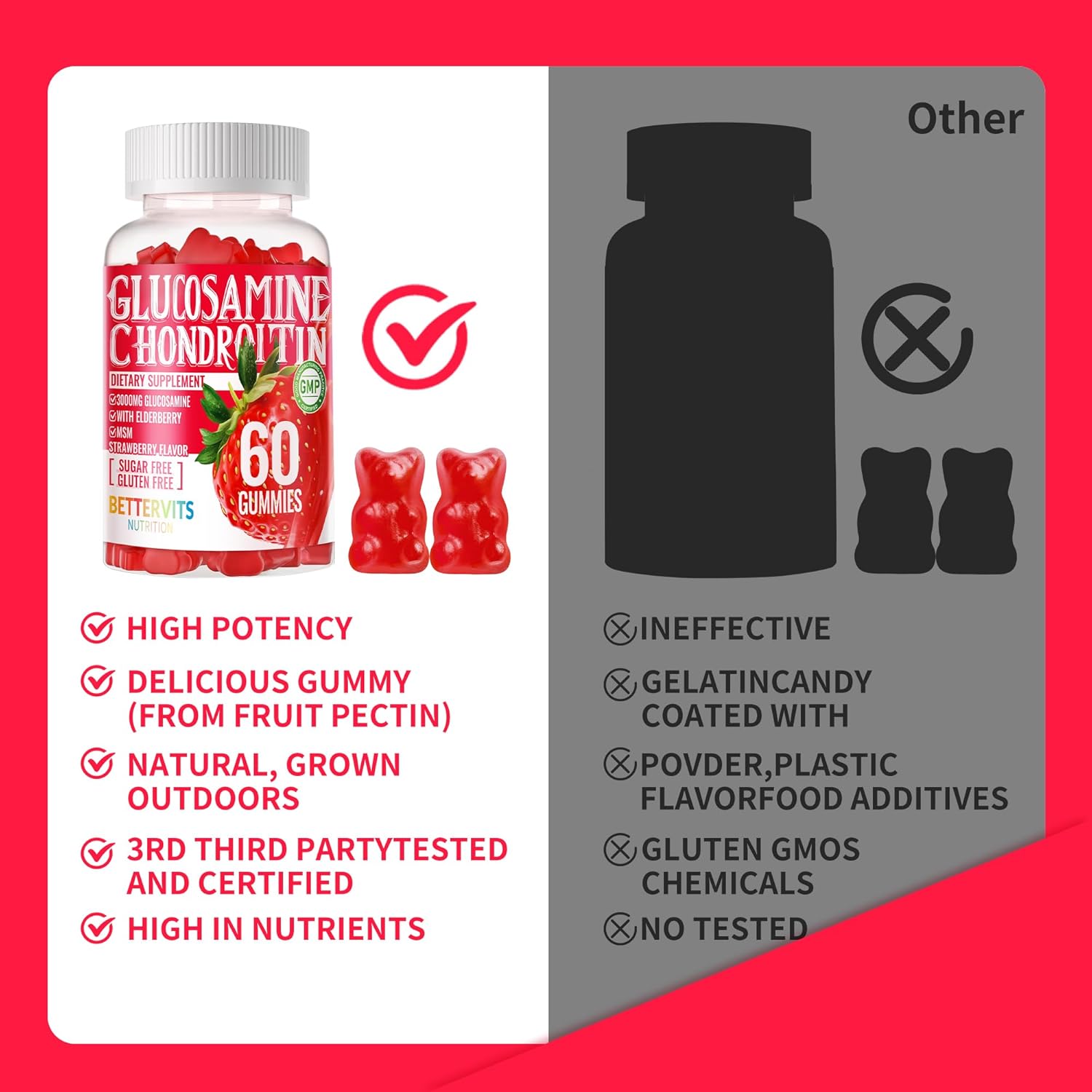Extra Strength Glucosamine Chondroitin Gummies with MSM, Elderberry - Joint & Immune Support for Men & Women - 120 Strawberry Gummies