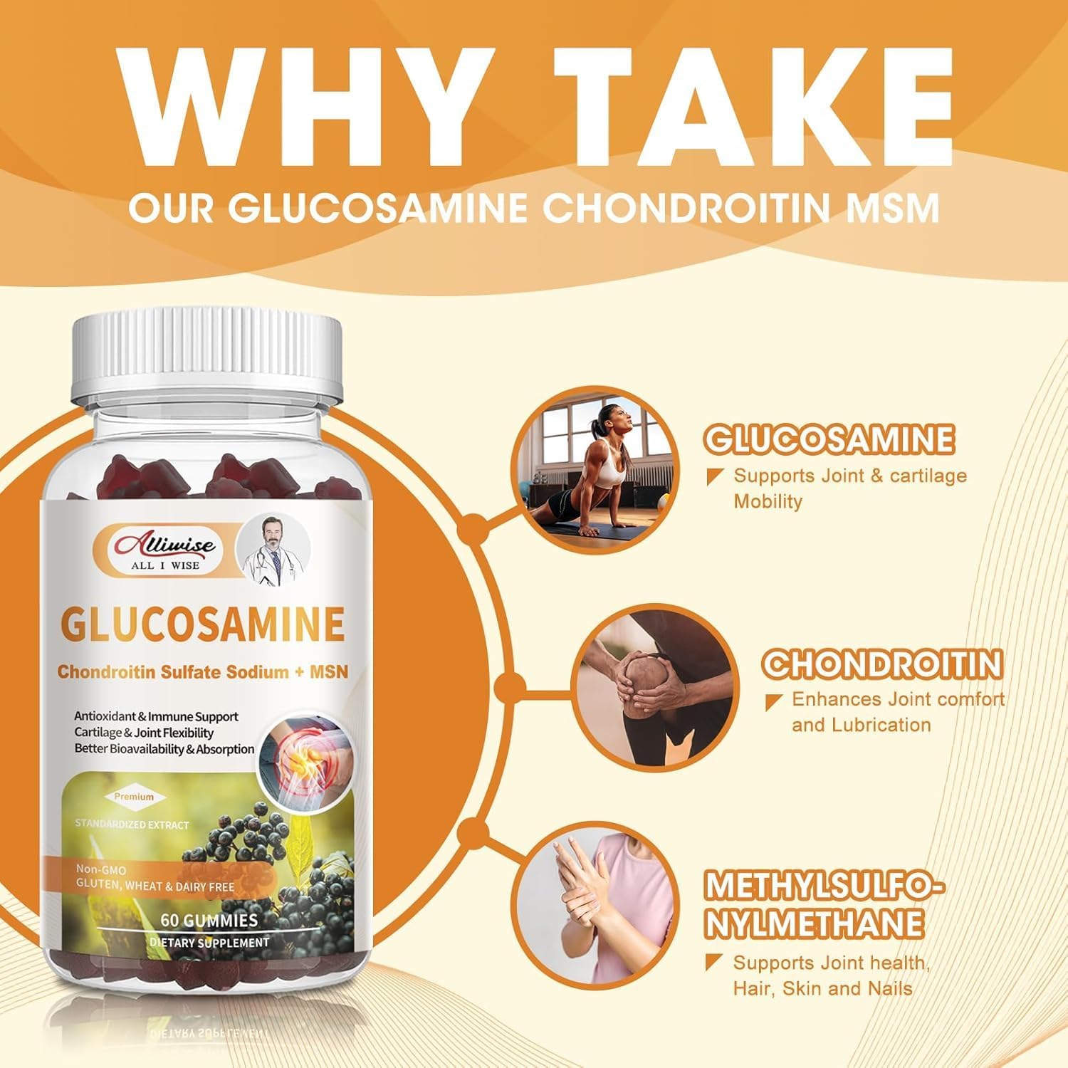 Extra Strength Glucosamine Chondroitin MSM Gummies with Elderberry Complex - Joint Support & Immune Boost Supplement for Adults
