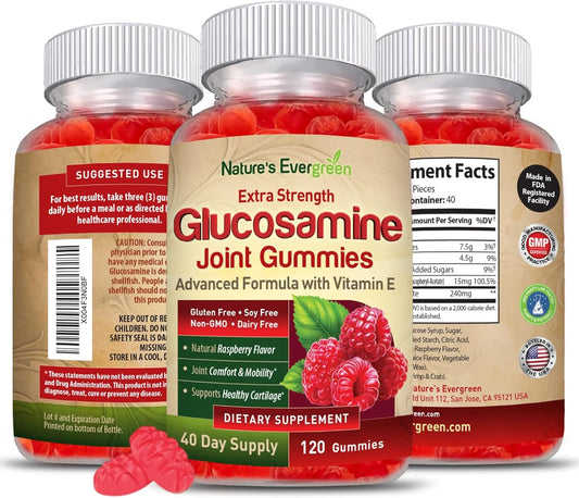 Extra Strength Glucosamine Joint Support Gummy Supplement with Vitamin E - Natural Joint Health & Flexibility for Back, Knees, & Hands - Immune Support for Women & Men - 120 Gummies