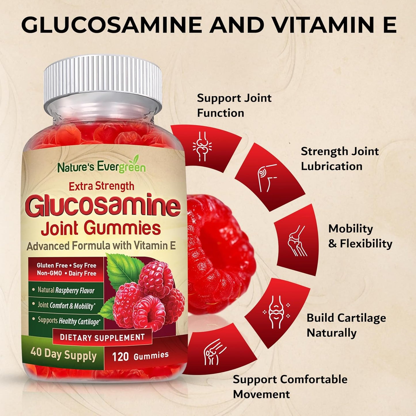 Extra Strength Glucosamine Joint Support Gummy Supplement with Vitamin E - Natural Joint Health & Flexibility for Back, Knees, & Hands - Immune Support for Women & Men - 120 Gummies