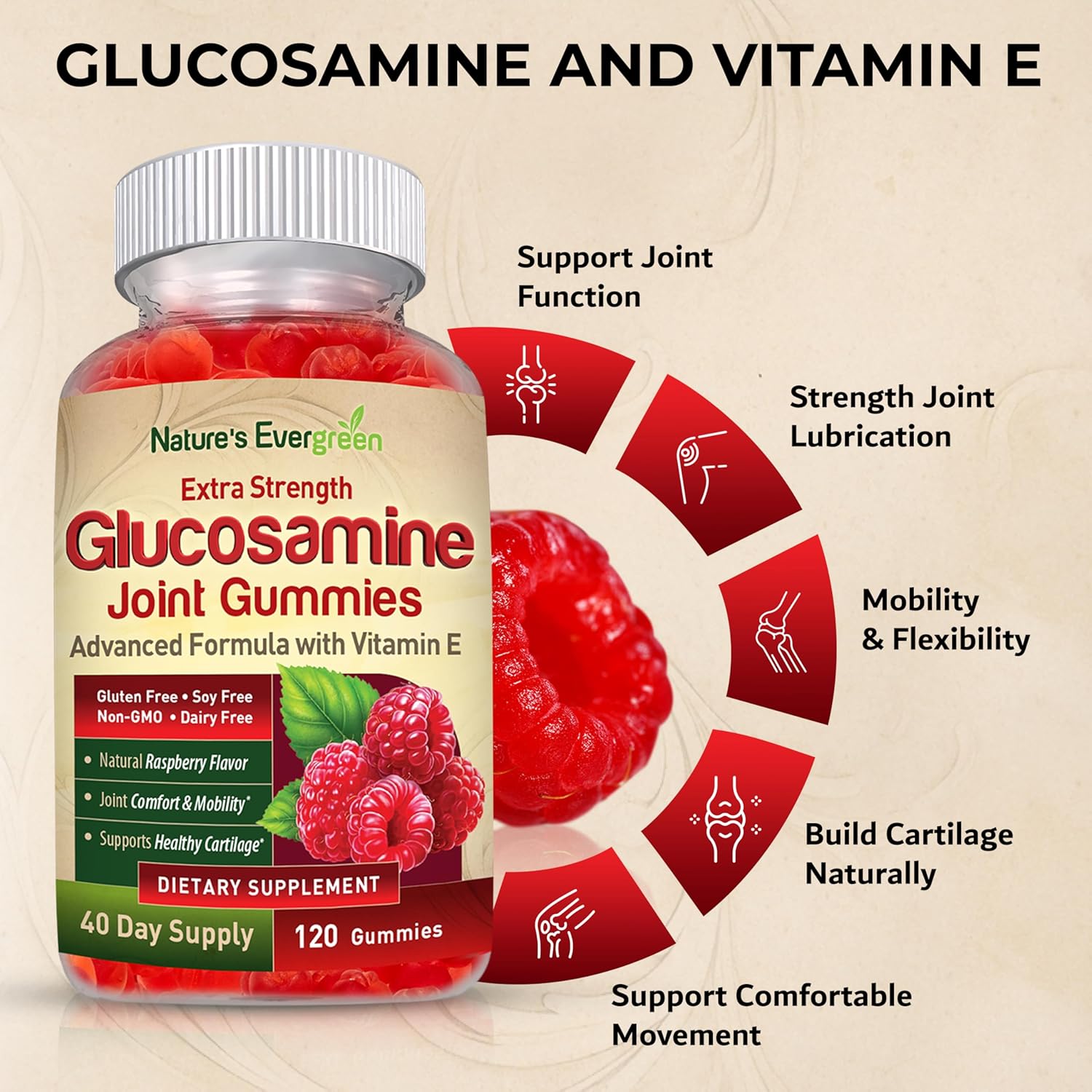 Extra Strength Glucosamine Joint Support Gummy Supplement with Vitamin E - Natural Joint Health & Flexibility for Back, Knees, & Hands - Immune Support for Women & Men - 120 Gummies