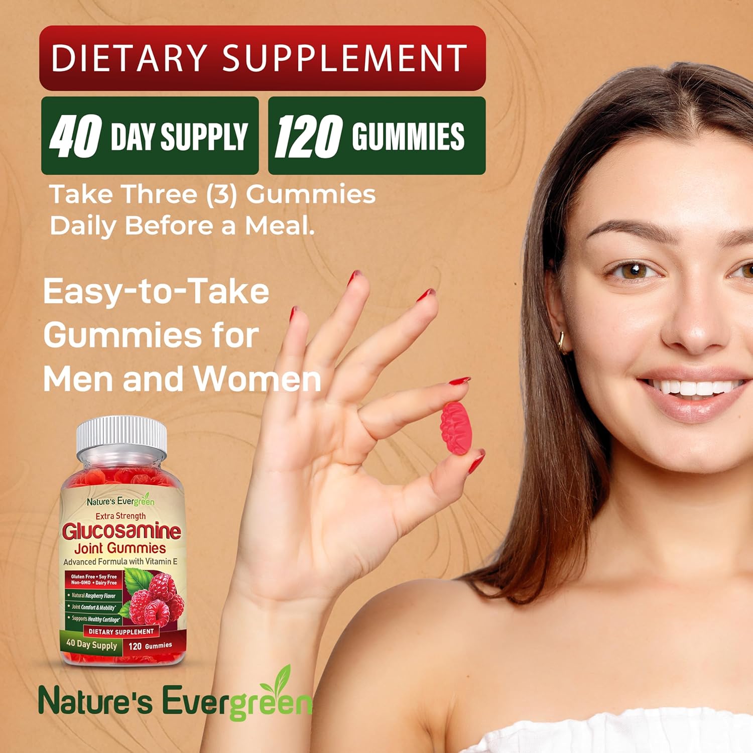 Extra Strength Glucosamine Joint Support Gummy Supplement with Vitamin E - Natural Joint Health & Flexibility for Back, Knees, & Hands - Immune Support for Women & Men - 120 Gummies