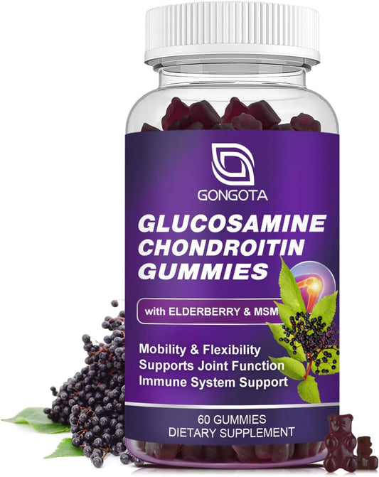 Extra Strength GONGOTA Glucosamine Chondroitin Gummies with MSM & Elderberry - 60 Count - Joint & Immune Support Supplement for Men and Women