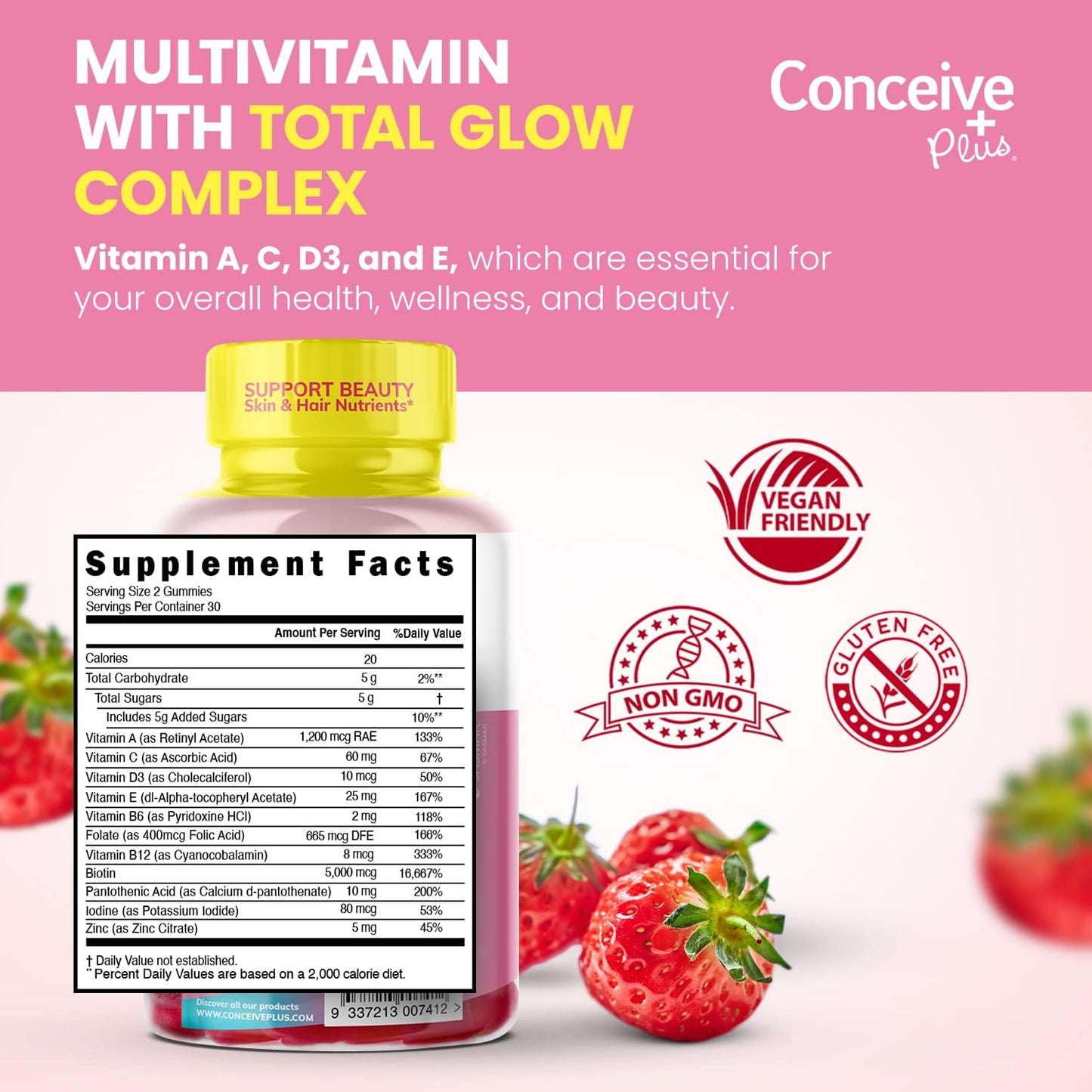 Extra-Strength Hair Skin & Nails Gummies with Biotin - Vegan Hair Growth Supplement - Gelatin-Free - 60 Count