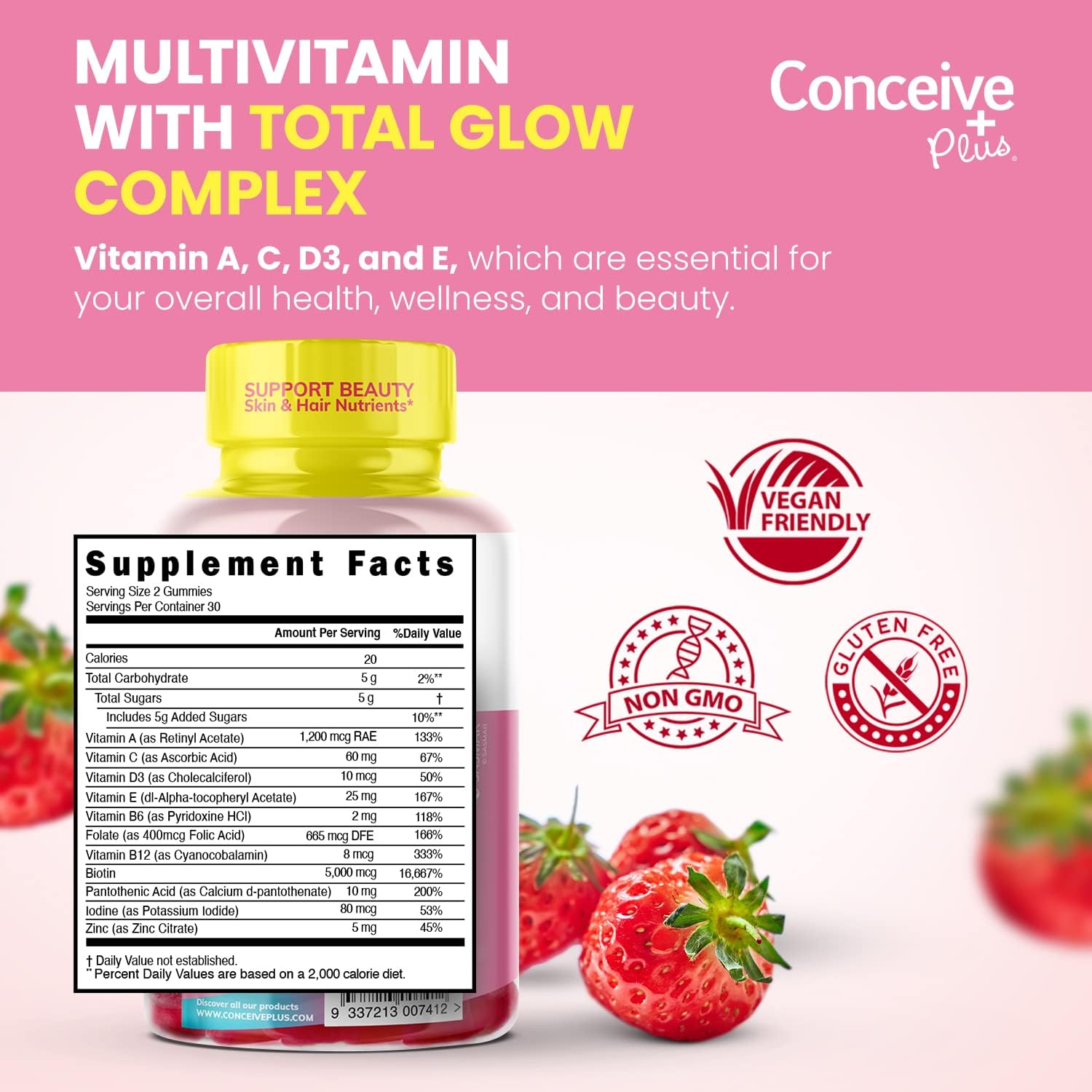 Extra-Strength Hair Skin & Nails Gummies with Biotin - Vegan Hair Growth Supplement - Gelatin-Free - 60 Count