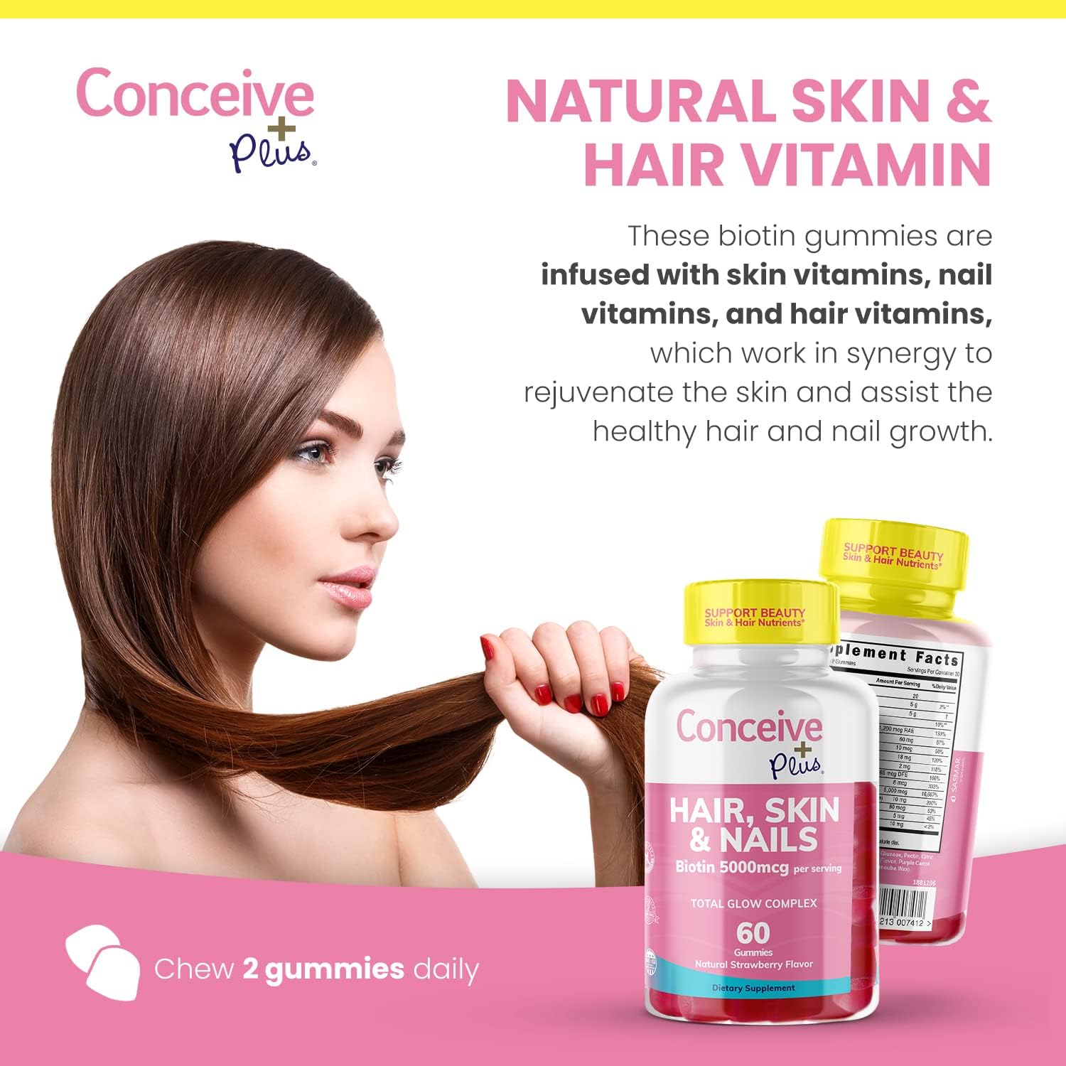 Extra-Strength Hair Skin & Nails Gummies with Biotin - Vegan Hair Growth Supplement - Gelatin-Free - 60 Count