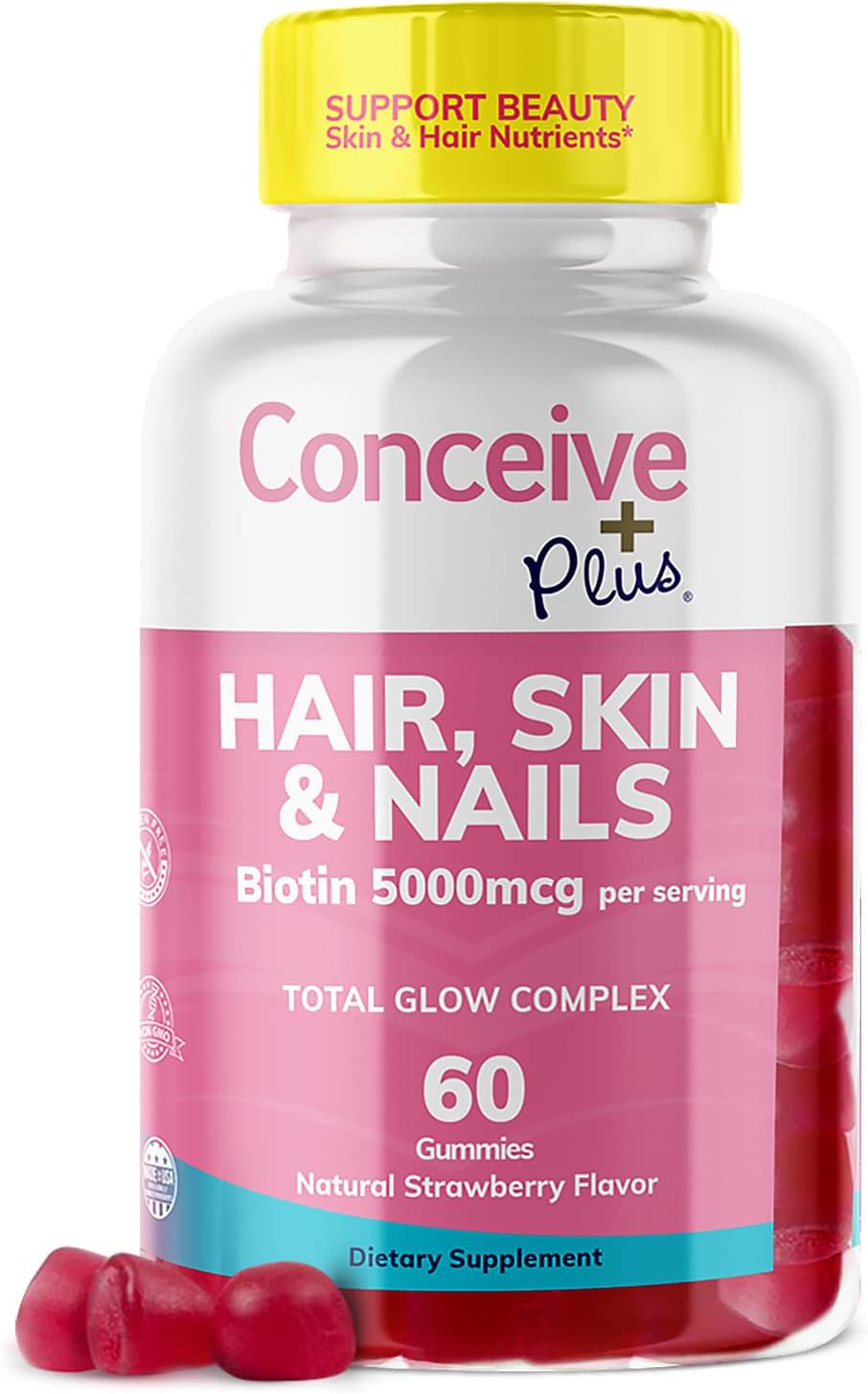 Extra-Strength Hair Skin & Nails Gummies with Biotin - Vegan Hair Growth Supplement - Gelatin-Free - 60 Count